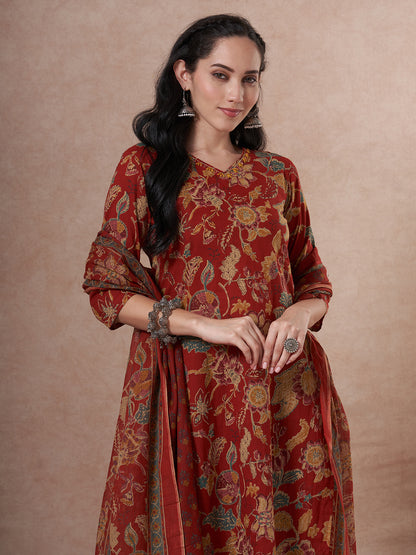 Ethnic Floral Printed Straight Fit Kurta with Pant and Dupatta - Red