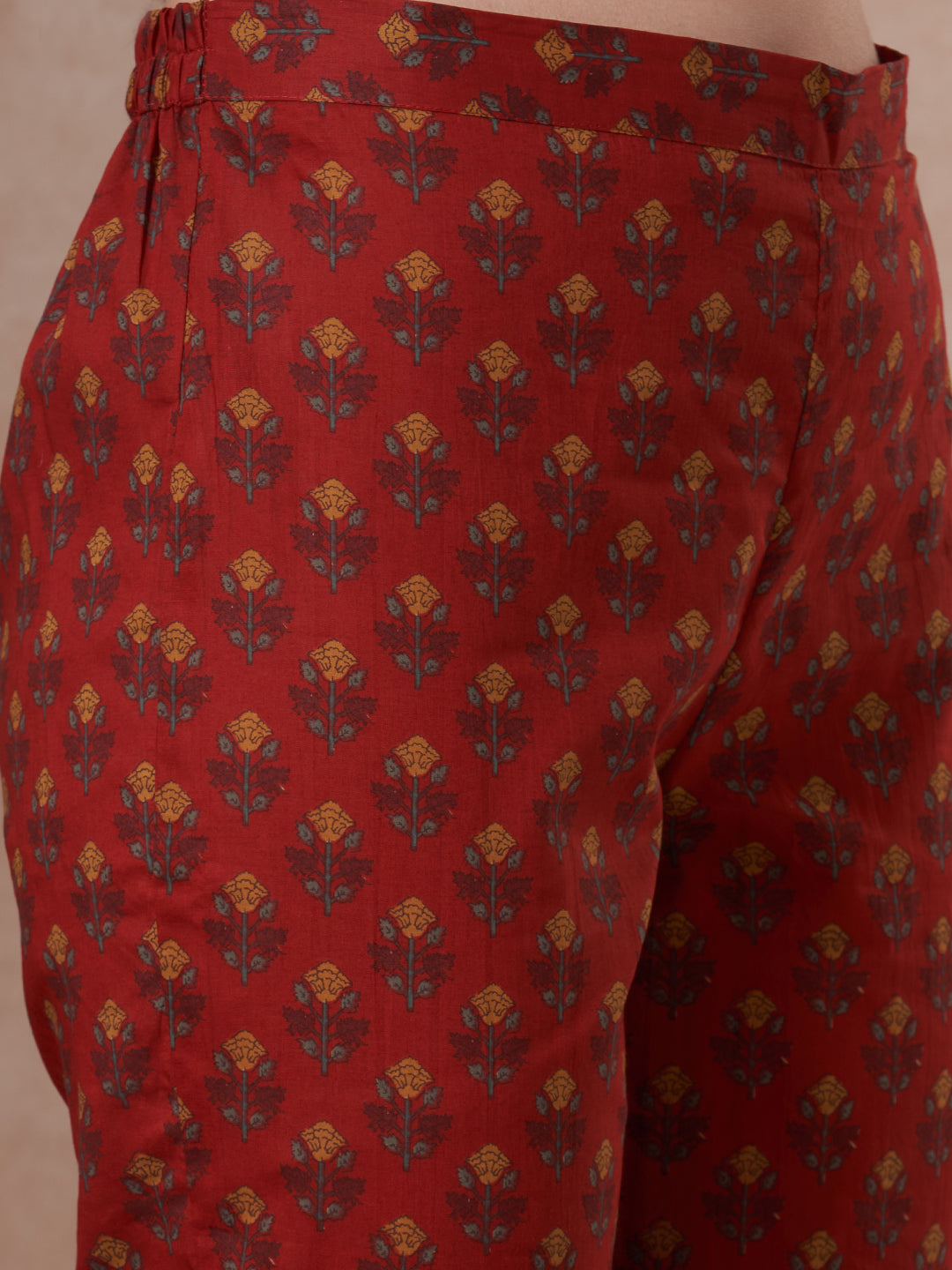 Ethnic Floral Printed Straight Fit Kurta with Pant and Dupatta - Red