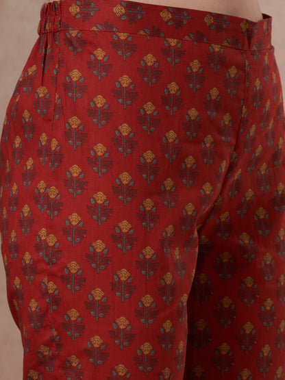 Ethnic Floral Printed Straight Fit Kurta with Pant and Dupatta - Red