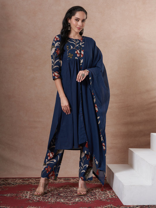 Solid Kalamkari Printed A-Line Kurta with Pant and Dupatta - Navy Blue