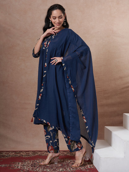 Solid Kalamkari Printed A-Line Kurta with Pant and Dupatta - Navy Blue