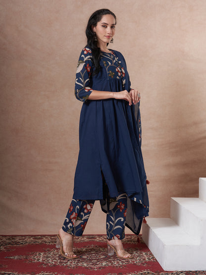 Solid Kalamkari Printed A-Line Kurta with Pant and Dupatta - Navy Blue