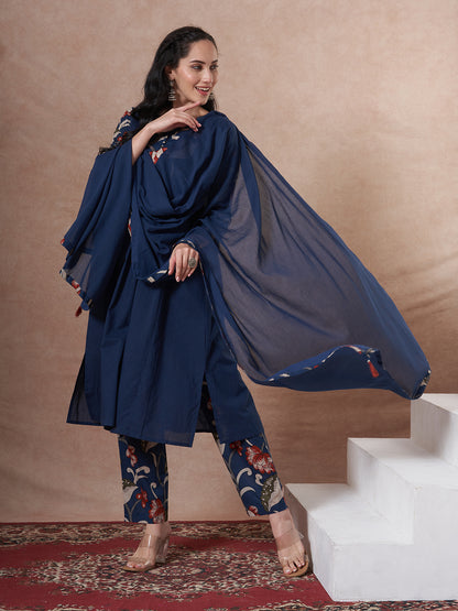 Solid Kalamkari Printed A-Line Kurta with Pant and Dupatta - Navy Blue