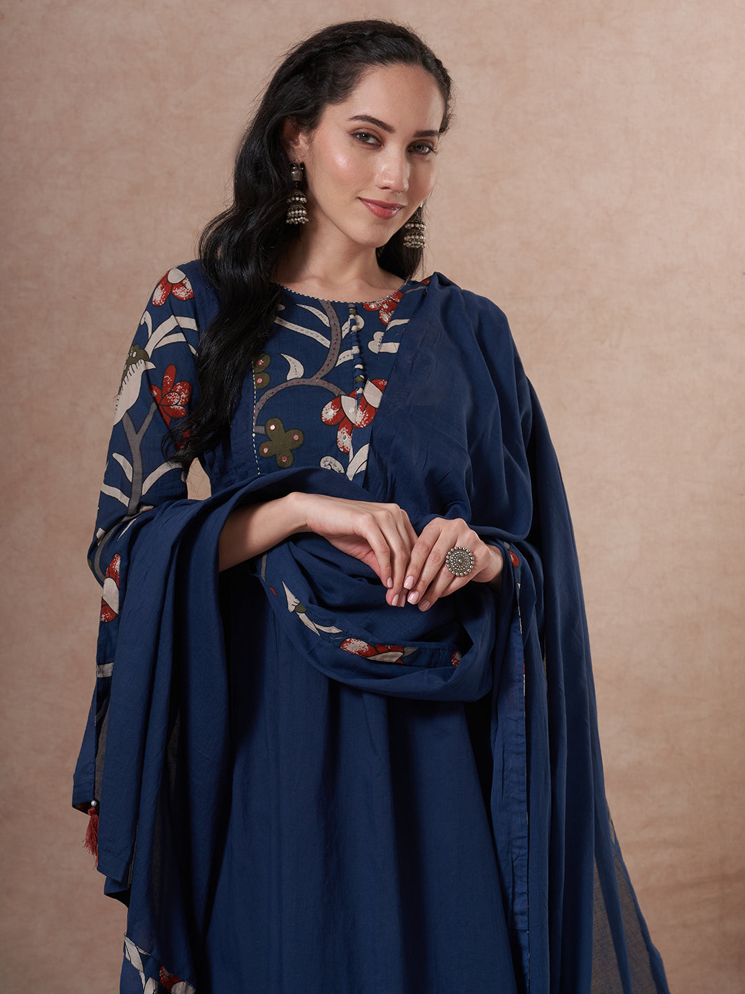 Solid Kalamkari Printed A-Line Kurta with Pant and Dupatta - Navy Blue
