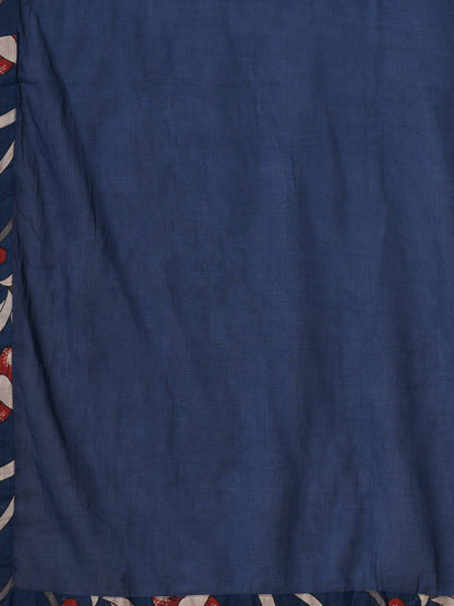 Solid Kalamkari Printed A-Line Kurta with Pant and Dupatta - Navy Blue