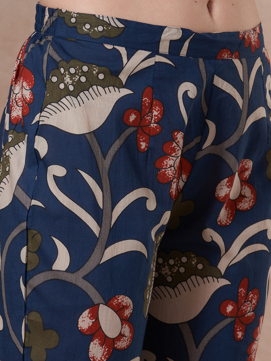 Solid Kalamkari Printed A-Line Kurta with Pant and Dupatta - Navy Blue