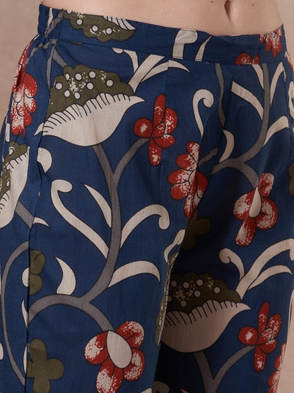 Solid Kalamkari Printed A-Line Kurta with Pant and Dupatta - Navy Blue