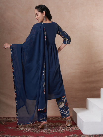 Solid Kalamkari Printed A-Line Kurta with Pant and Dupatta - Navy Blue