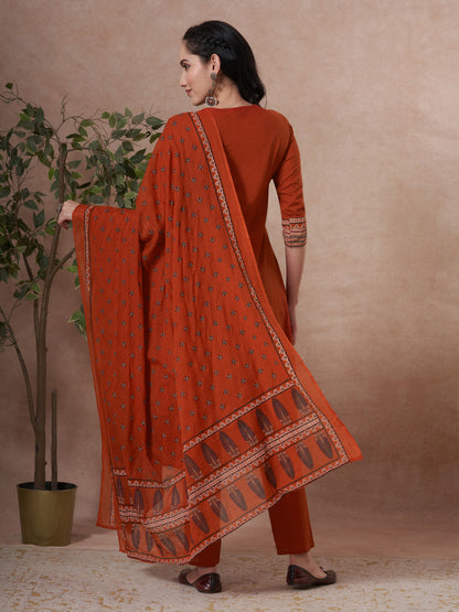 Ethnic Floral Printed & Embroidered Straight Kurta with Pant & Dupatta - Rust
