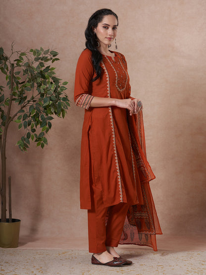 Ethnic Floral Printed & Embroidered Straight Kurta with Pant & Dupatta - Rust
