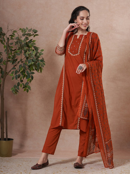 Ethnic Floral Printed & Embroidered Straight Kurta with Pant & Dupatta - Rust
