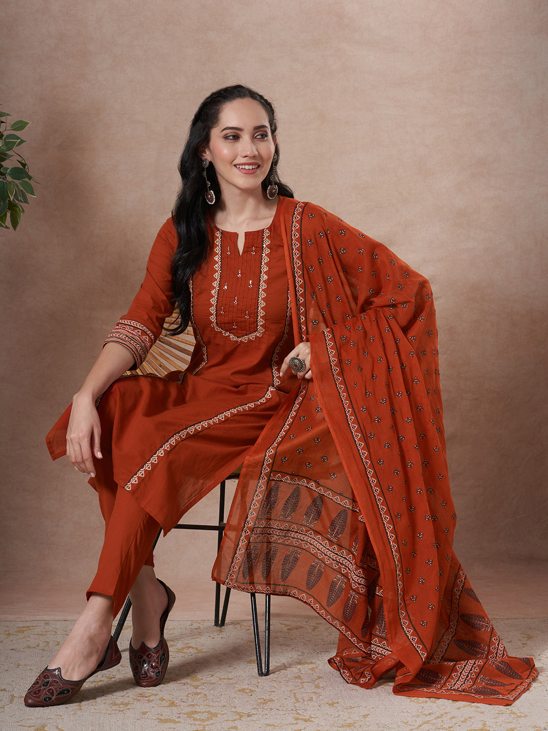 Ethnic Floral Printed & Embroidered Straight Kurta with Pant & Dupatta - Rust
