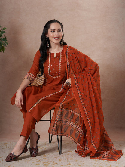 Ethnic Floral Printed & Embroidered Straight Kurta with Pant & Dupatta - Rust