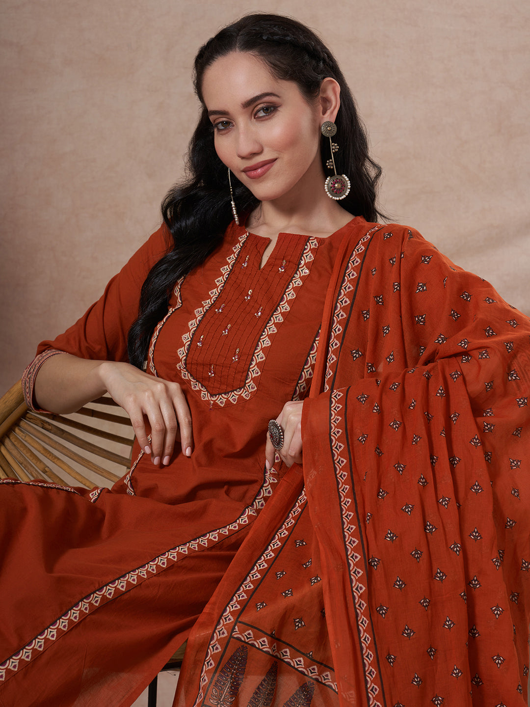 Ethnic Floral Printed & Embroidered Straight Kurta with Pant & Dupatta - Rust