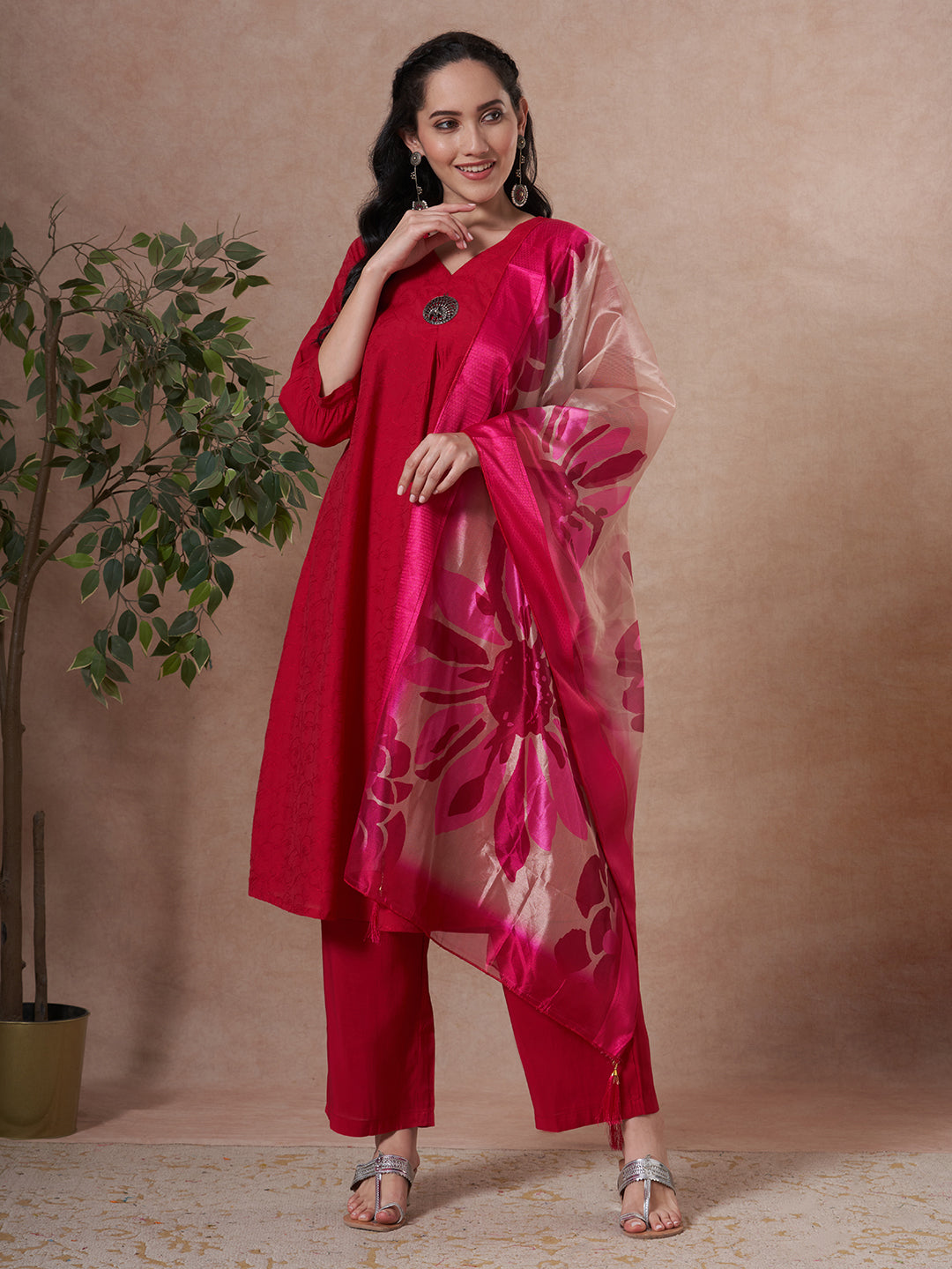 Solid Floral Embroidered A-Line Kurta with Palazzo & Dupatta - Rani
