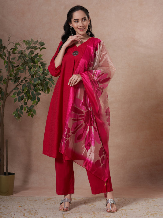 Solid Floral Embroidered A-Line Kurta with Palazzo & Dupatta - Rani