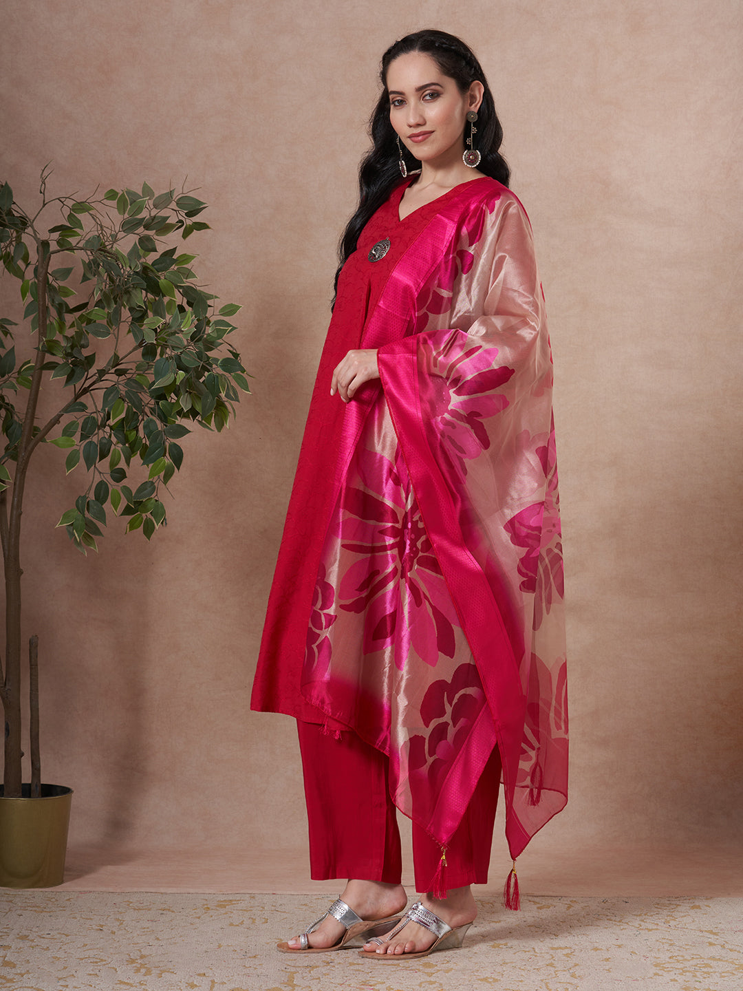 Solid Floral Embroidered A-Line Kurta with Palazzo & Dupatta - Rani