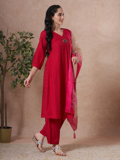 Solid Floral Embroidered A-Line Kurta with Palazzo & Dupatta - Rani