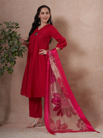 Solid Floral Embroidered A-Line Kurta with Palazzo & Dupatta - Rani