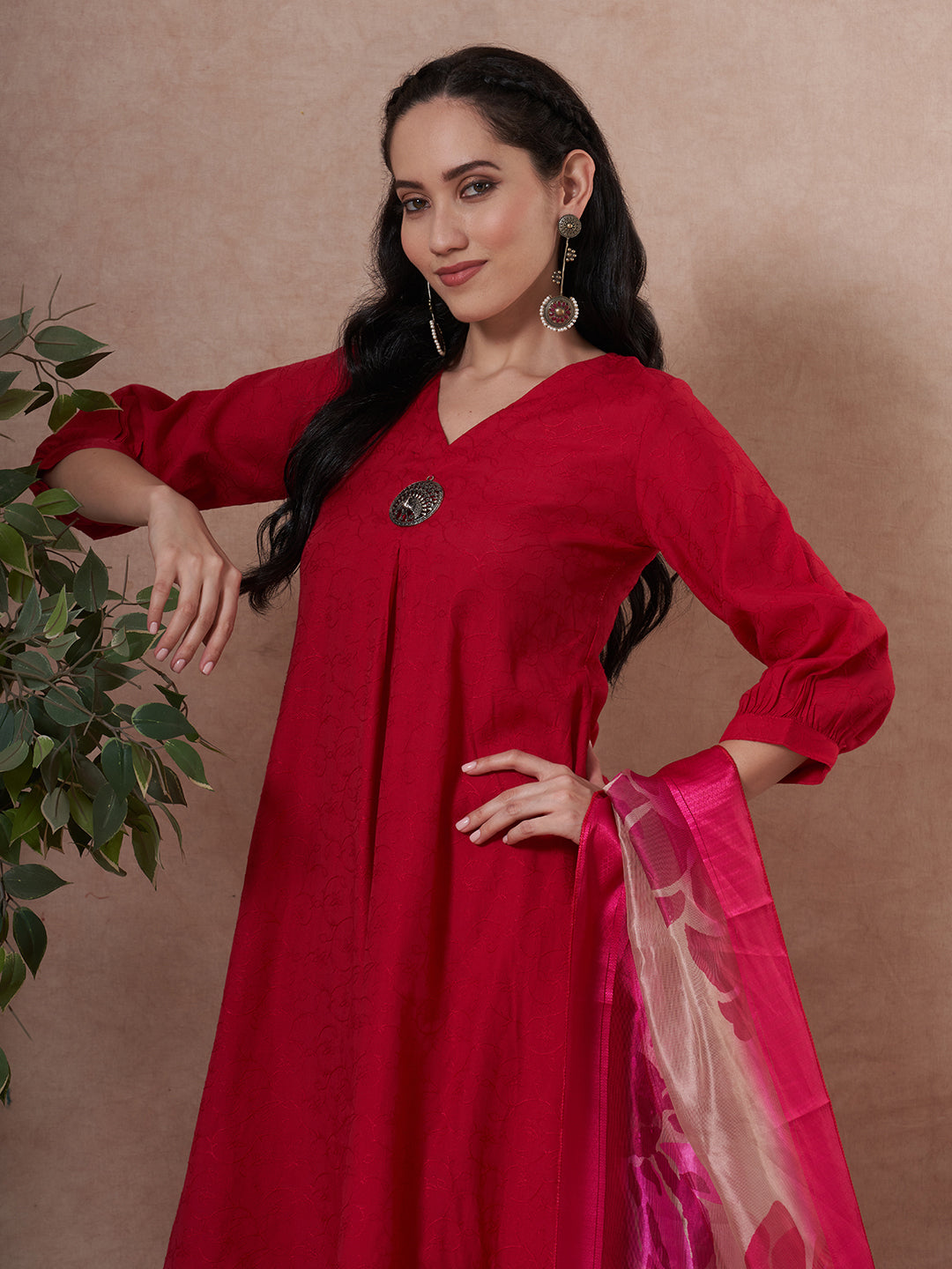 Solid Floral Embroidered A-Line Kurta with Palazzo & Dupatta - Rani