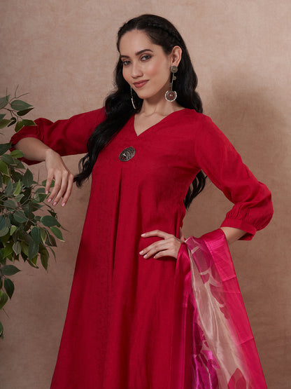 Solid Floral Embroidered A-Line Kurta with Palazzo & Dupatta - Rani