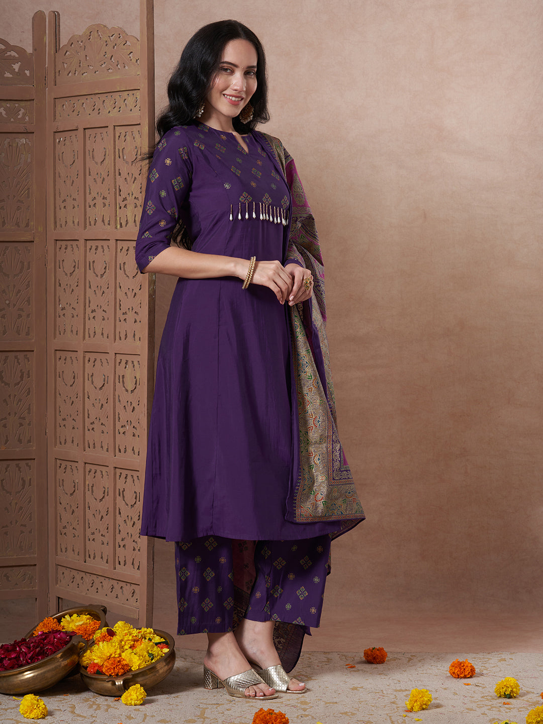 Ethnic Foil Printed A-Line Paneled Kurta with Pant & Dupatta - Purple