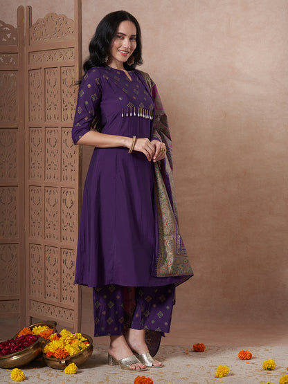 Ethnic Foil Printed A-Line Paneled Kurta with Pant & Dupatta - Purple