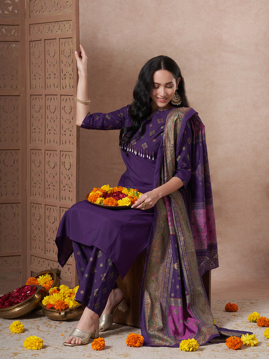 Ethnic Foil Printed A-Line Paneled Kurta with Pant & Dupatta - Purple