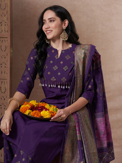 Ethnic Foil Printed A-Line Paneled Kurta with Pant & Dupatta - Purple