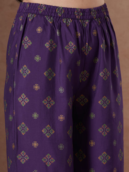 Ethnic Foil Printed A-Line Paneled Kurta with Pant & Dupatta - Purple