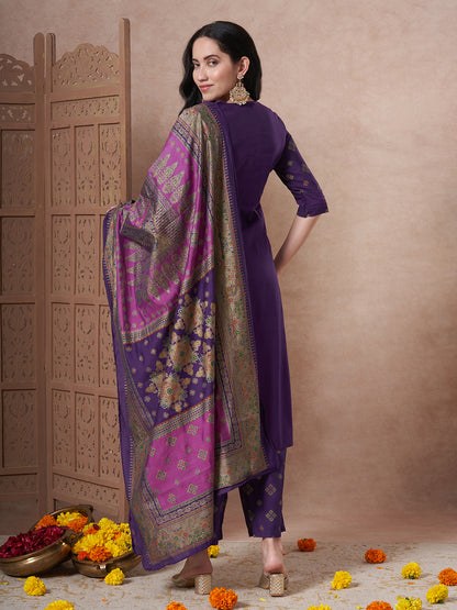Ethnic Foil Printed A-Line Paneled Kurta with Pant & Dupatta - Purple