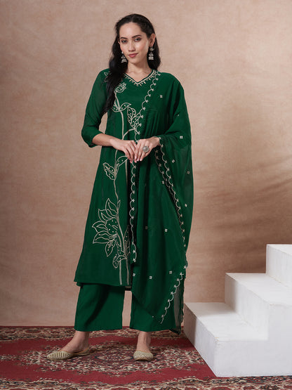 Solid Threadwork Embroidered A-Line Kurta with Palazzo & Dupatta - Green