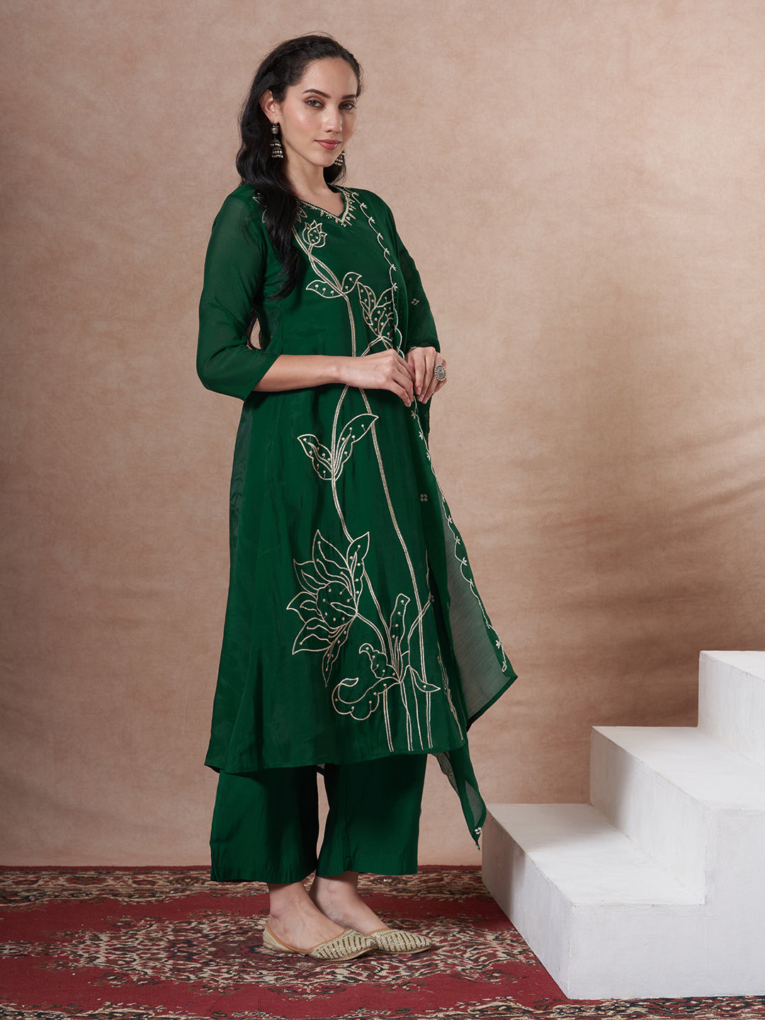 Solid Threadwork Embroidered A-Line Kurta with Palazzo & Dupatta - Green