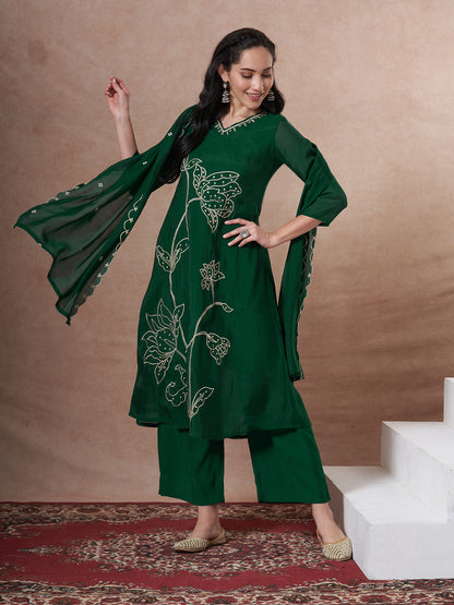 Solid Threadwork Embroidered A-Line Kurta with Palazzo & Dupatta - Green