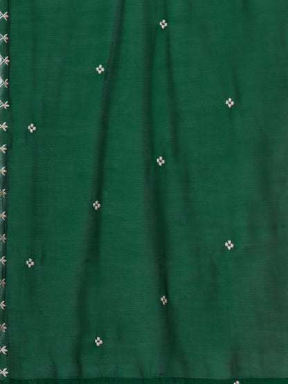 Solid Threadwork Embroidered A-Line Kurta with Palazzo & Dupatta - Green
