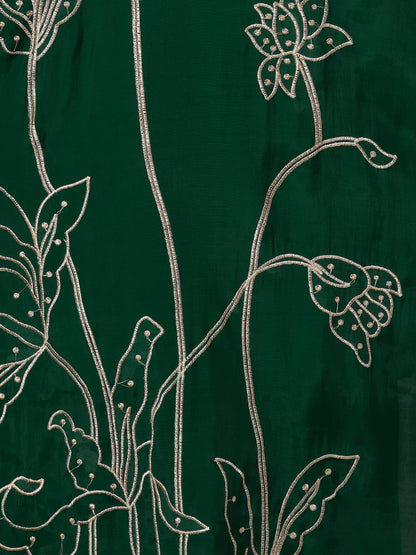 Solid Threadwork Embroidered A-Line Kurta with Palazzo & Dupatta - Green