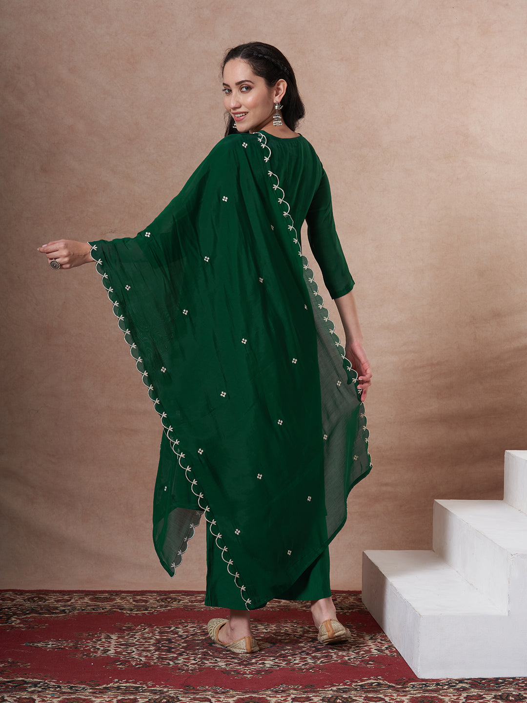 Solid Threadwork Embroidered A-Line Kurta with Palazzo & Dupatta - Green