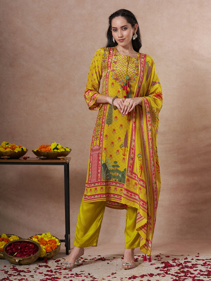 Ethnic Printed Straight Fit Kurta with Pant and Dupatta - Yellow