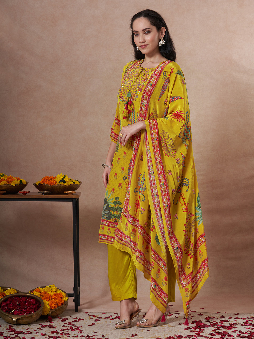 Ethnic Printed Straight Fit Kurta with Pant and Dupatta - Yellow