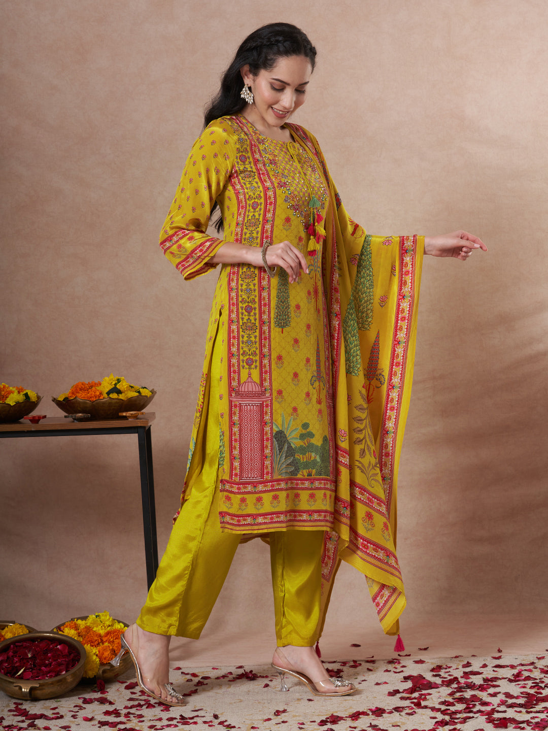 Ethnic Printed Straight Fit Kurta with Pant and Dupatta - Yellow