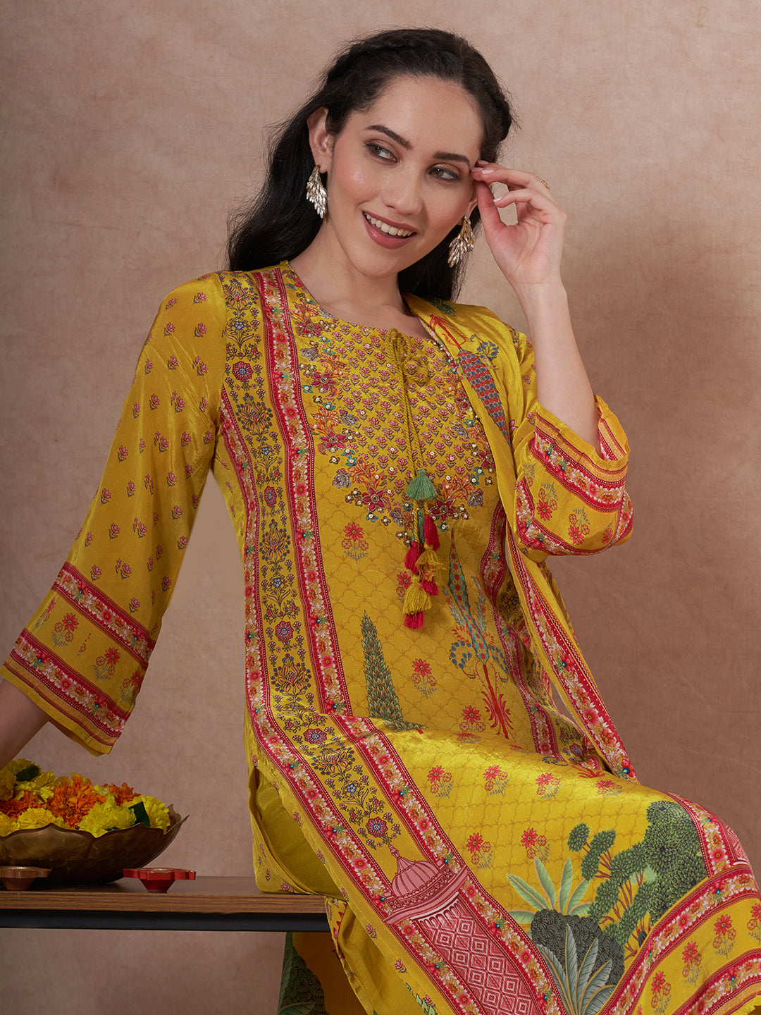 Ethnic Printed Straight Fit Kurta with Pant and Dupatta - Yellow