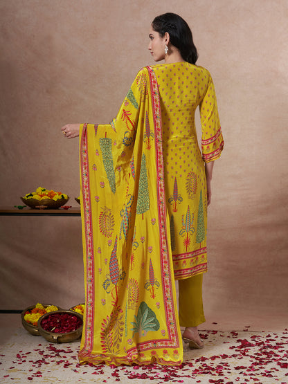 Ethnic Printed Straight Fit Kurta with Pant and Dupatta - Yellow