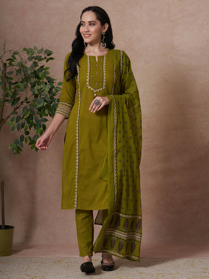 Ethnic Floral Printed & Embroidered Straight Kurta with Pant & Dupatta - Green