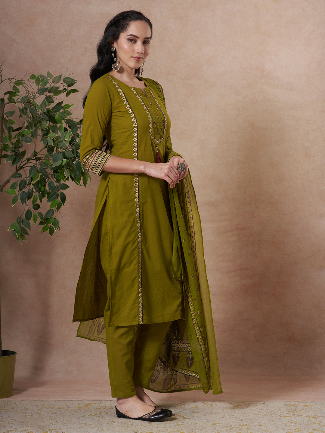 Ethnic Floral Printed & Embroidered Straight Kurta with Pant & Dupatta - Green