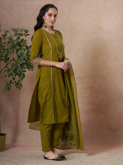 Ethnic Floral Printed & Embroidered Straight Kurta with Pant & Dupatta - Green