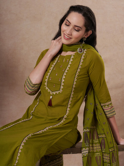 Ethnic Floral Printed & Embroidered Straight Kurta with Pant & Dupatta - Green