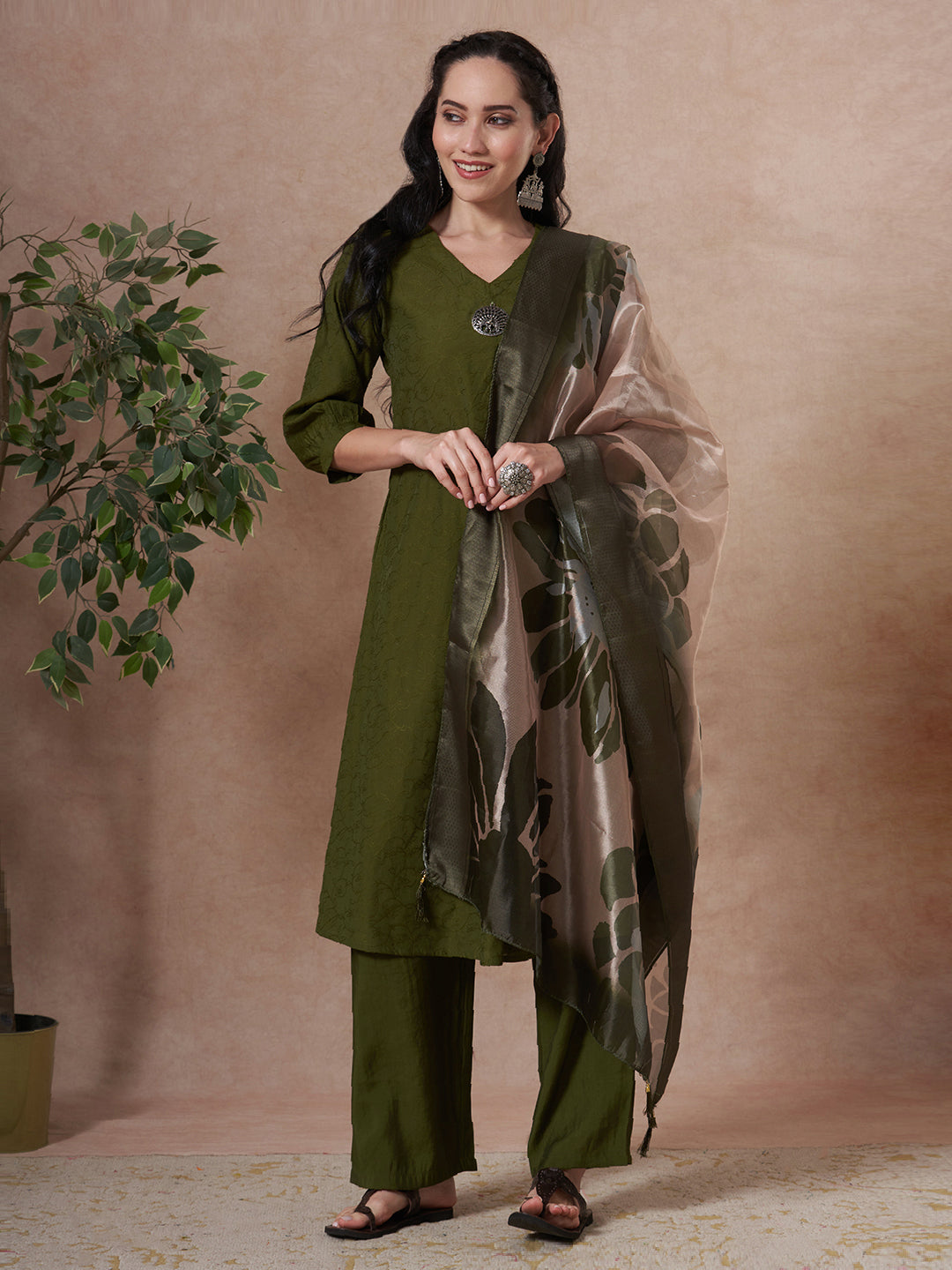 Solid Floral Embroidered A-Line Kurta with Palazzo & Dupatta - Green