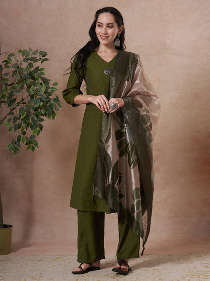 Solid Floral Embroidered A-Line Kurta with Palazzo & Dupatta - Green
