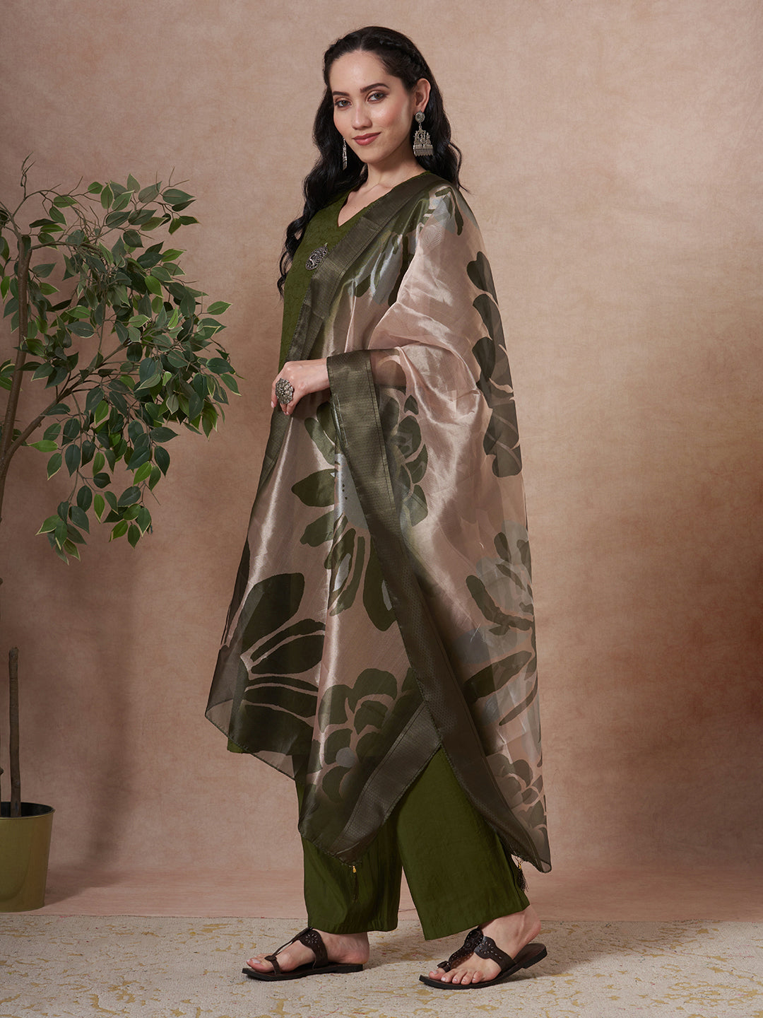 Solid Floral Embroidered A-Line Kurta with Palazzo & Dupatta - Green