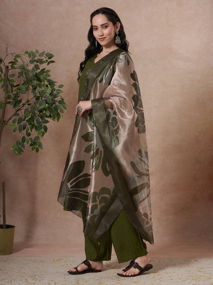 Solid Floral Embroidered A-Line Kurta with Palazzo & Dupatta - Green